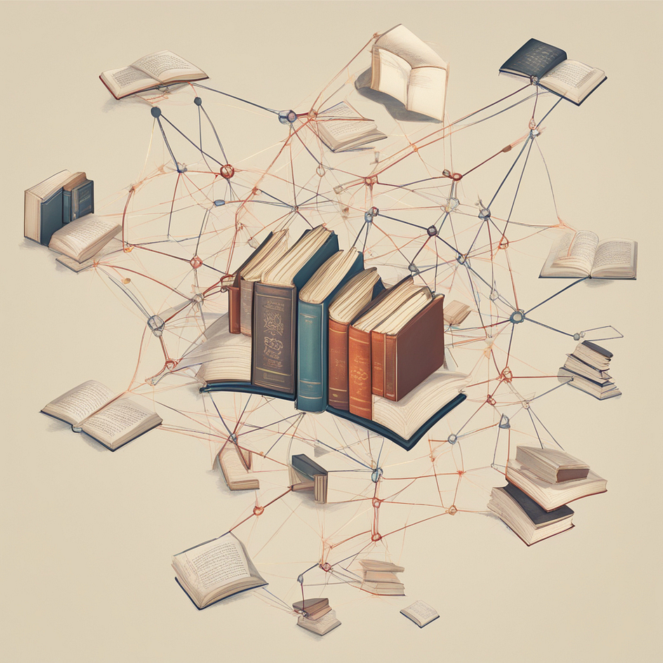 Complex network connected to books and showing information from magespace